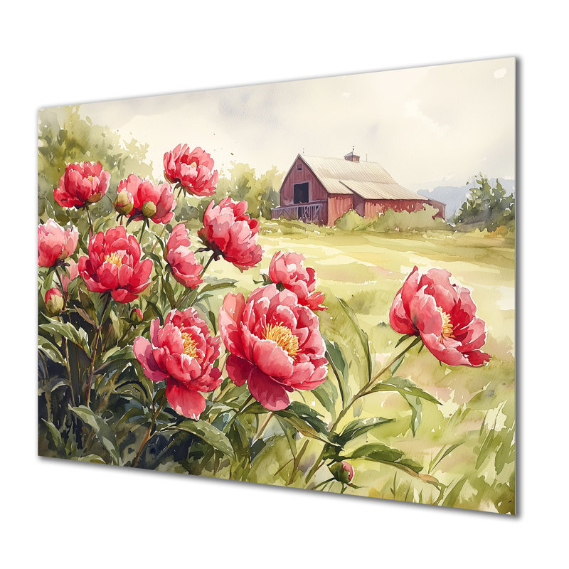 Pivoines dans la brise de basse-cour - reproduction de pivoines sur métal, H 34 po x l 44 po