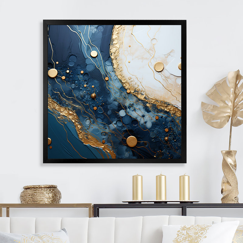 Art à l'encre marbrée dorée et bleue IV - Art abstrait à l'encre liquide sur toile, Cadre simple noir
