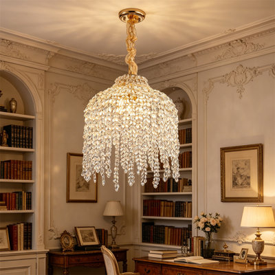 Modern Glam 5-Light Gold Crystal Pendant Chandelier, Adjustable 31.5" Height Waterfall Ceiling Light with Teardrop Crystals, E12 Base, Glam Fixture for Dining Room, Foyer, Living Room