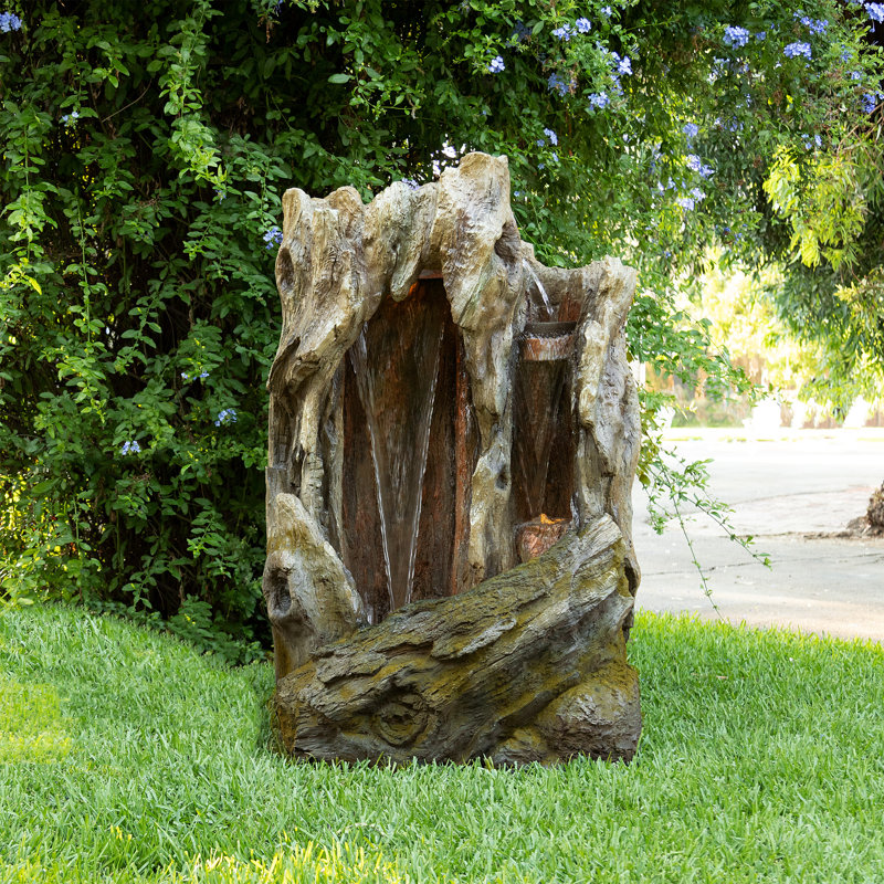 Outdoor Tiered Floor Tree Trunk Fountain with LED Lights, 63" H x 31" W x 40" D