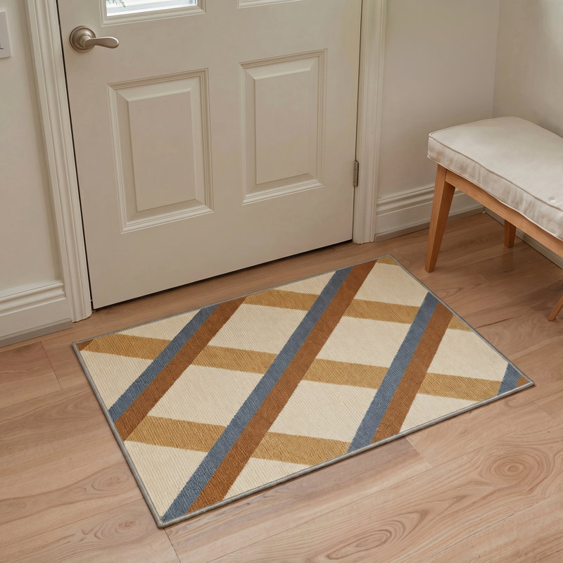 Arris Geometric Machine Washable Beige / Brown / Blue Indoor Area Rug with Non-Slip Backing, Rectangle 9' x 12'