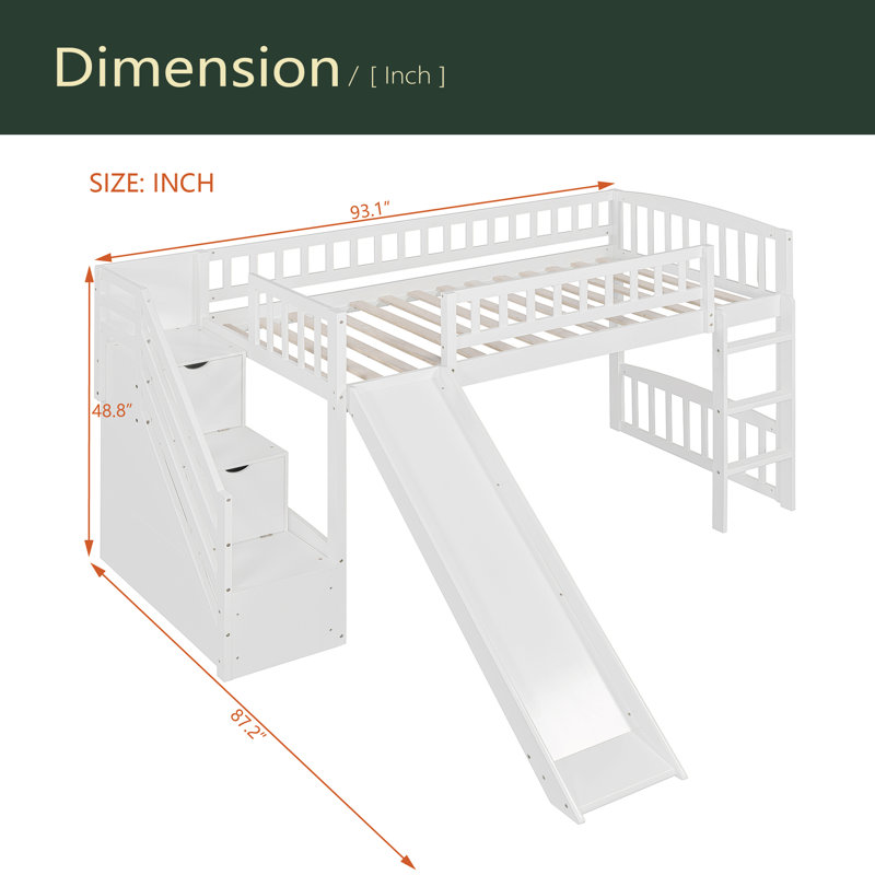 Lit mezzanine simple avec deux tiroirs et glissière Stairway, Blanc