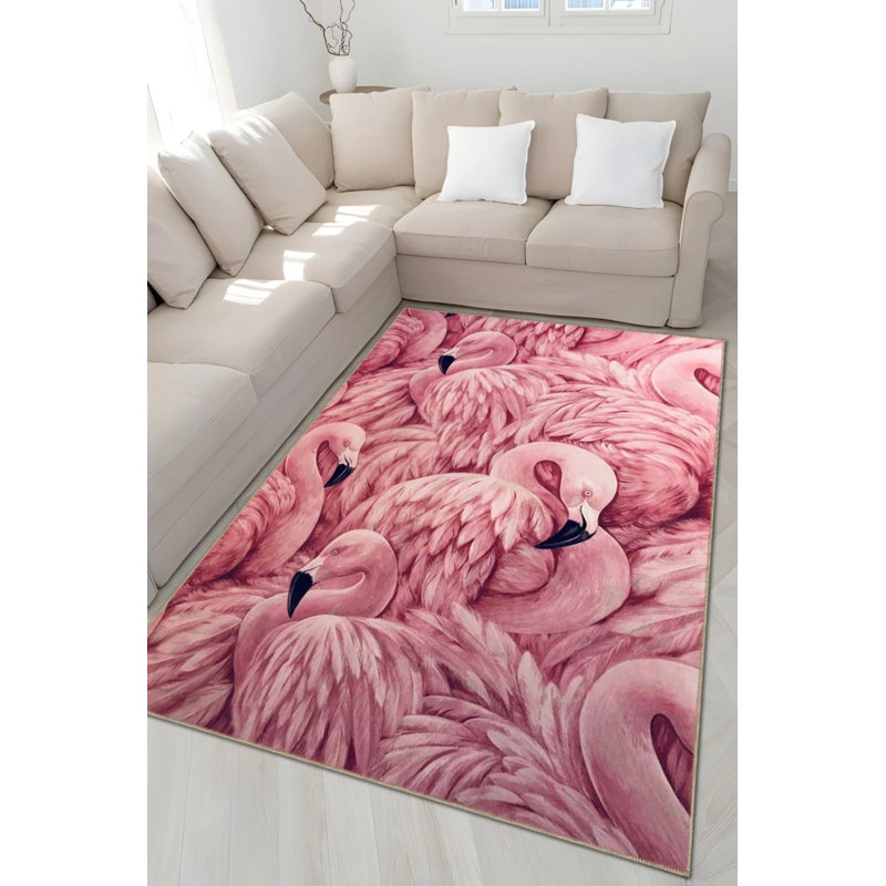 Pink Themed Flamingo Family Patterned Creative Modern Decorative Carpet, Runner 2'6" x 6'7"