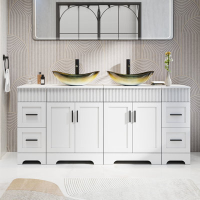 Akron 72" Double Sink Bathroom Vanity Set With Manufactured Wood Top, Vessel Sinks, Faucets And Drains, Water-resistant Paint