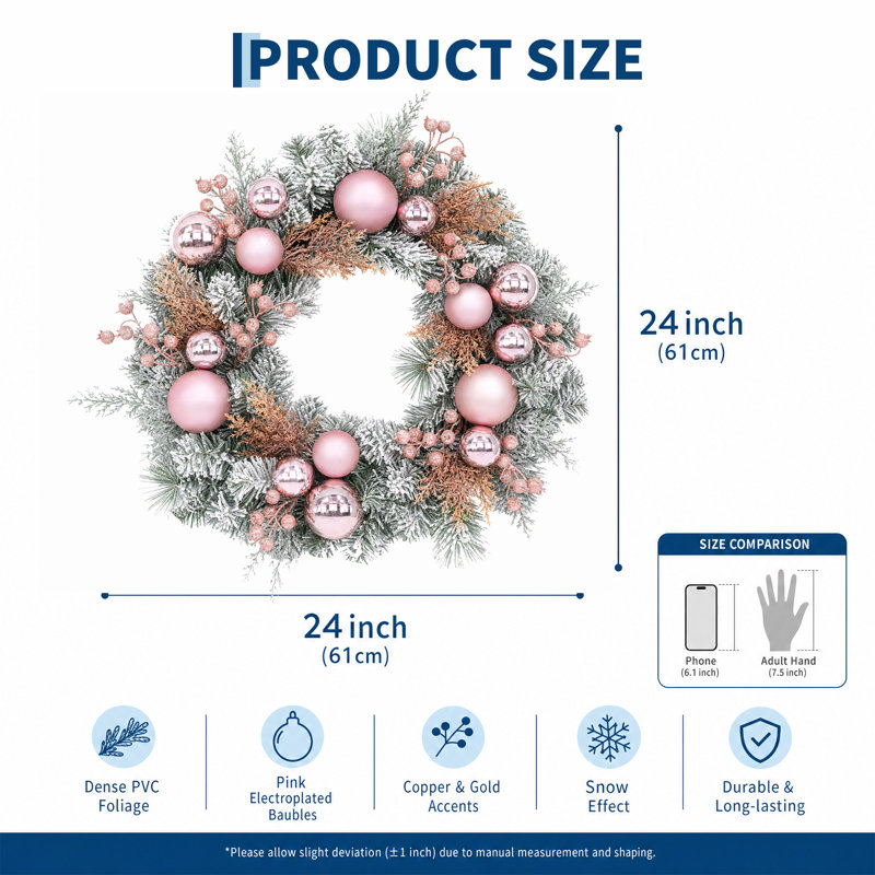 Couronne de Noël rose 24 po avec flocons de neige pré-éclairés 24 po
