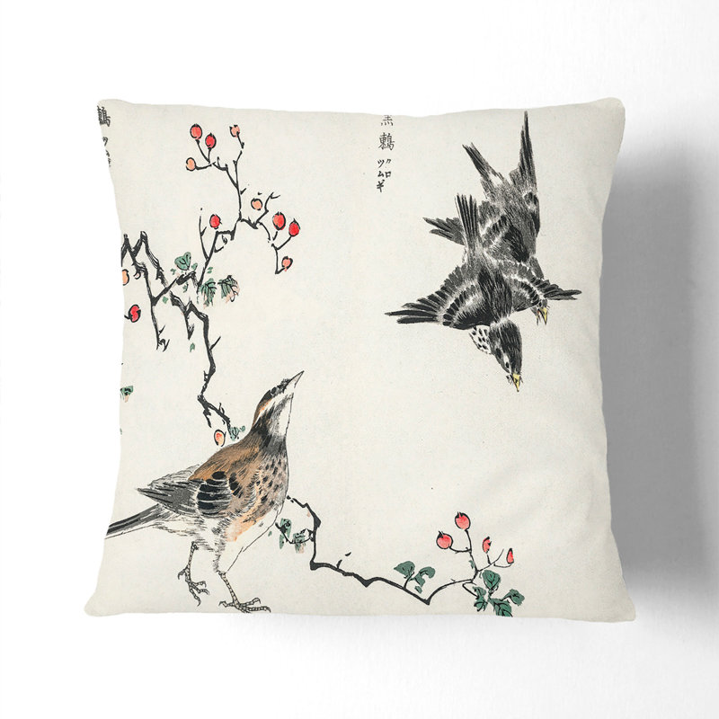 Thrush Birds by Numata Kashu Cushion with Filling, 55cm H x 55cm W x 20cm D, White