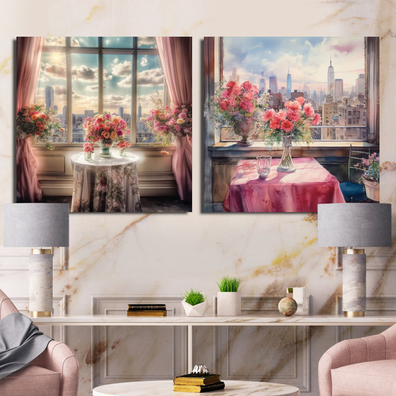 Beautiful Table View Of New York - Assortiment de bouquets carrés assortis, ensemble de 2, Toile tendue, H 30 po x l 61 po