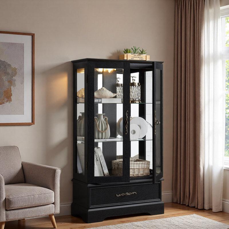 Vitrine lumineuse en verre avec éclairage à DEL, tablettes réglables et tiroir