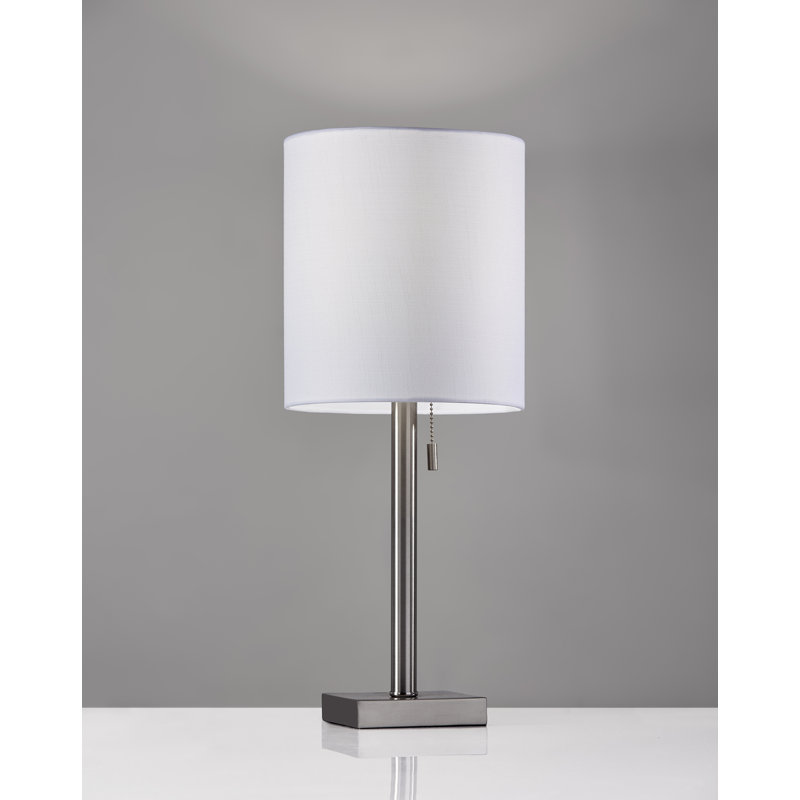 Aghvan 22"  Metal Cylinder Table Lamp With  Drum Shade, Brushed Steel, White