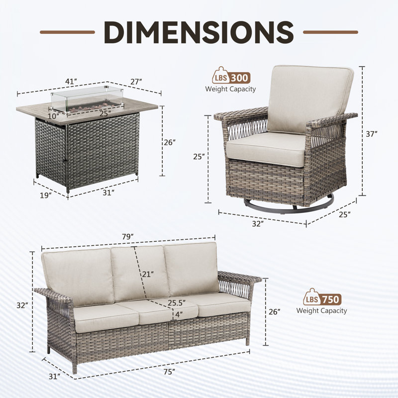 Deb Outdoor 4-Pieces PE Wicker Patio Conversation Set with Fire Pit Table, Beige Cushion/Gray Frame