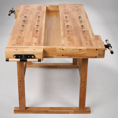 Solid Rubber Wood Workbench with Dual Integrated Vises & Bench Dog Holes for Precision Woodworking