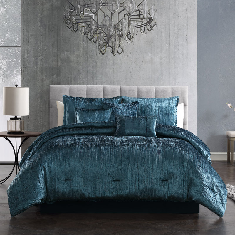 Royal Blue Crinkle Velvet King Comforter Set with Decorative Pillows