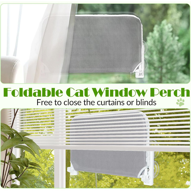 Foldable Cat Window Perch With 4 Larger Suction Cups, Cordless Window Bed With Reversible Cover For Cats Inside, Grey