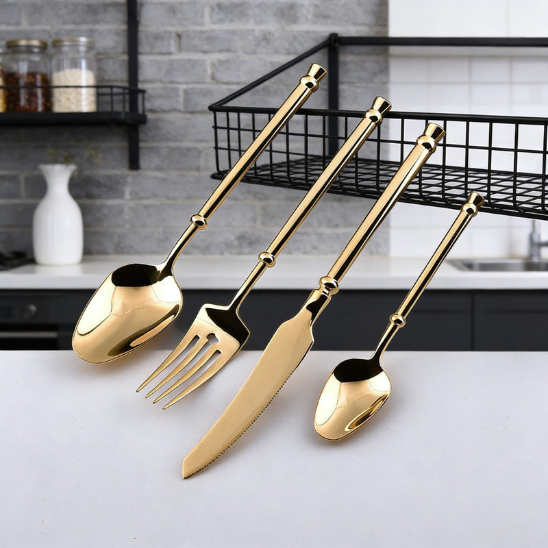 Ensemble de couverts 16 pièces en acier inoxydable de qualité supérieure, cuillère à fourche et cuillère à dessert de ton doré 18/10 pour restaurant