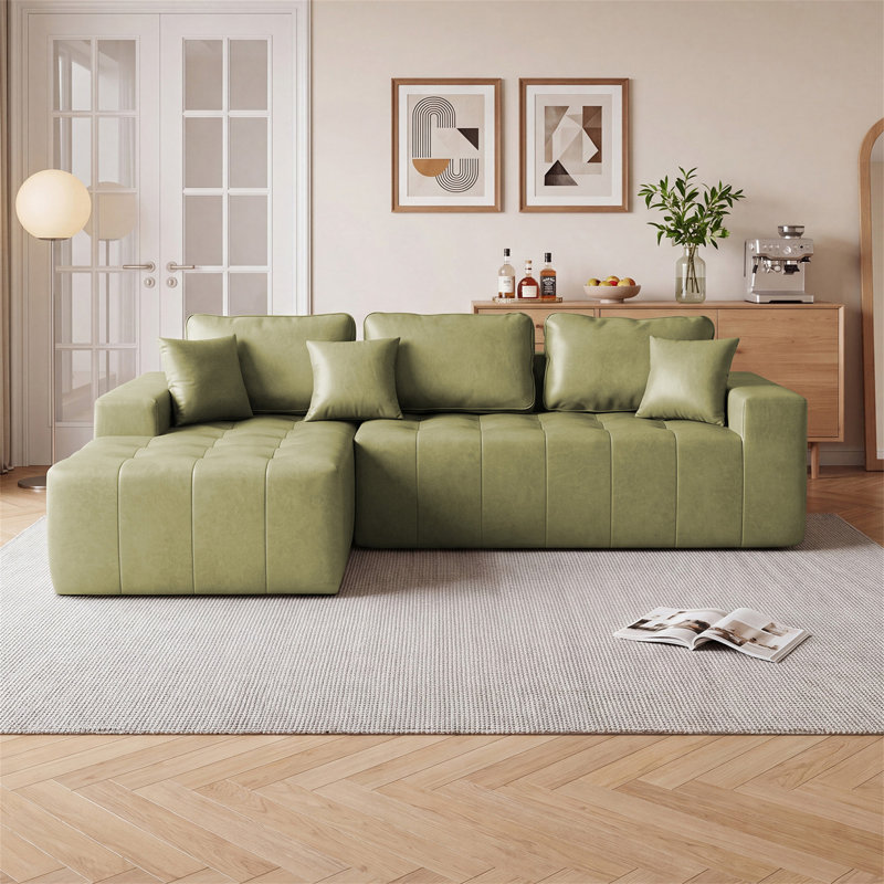 Canapé-lit modulaire en L en similicuir avec méridienne d'angle, canapé convertible sans assemblage requis, Similicuir vert