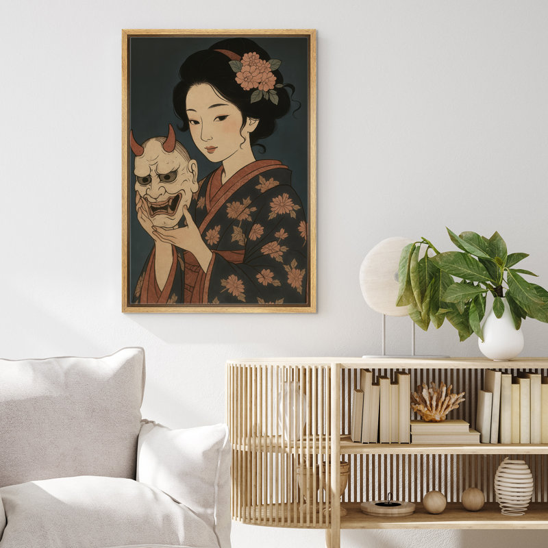 «Woman with Demon Mask in Floral Kimono Art», reproduction d'art sur toile encadrée, H 24 po x l 16 po x P 1,5 po