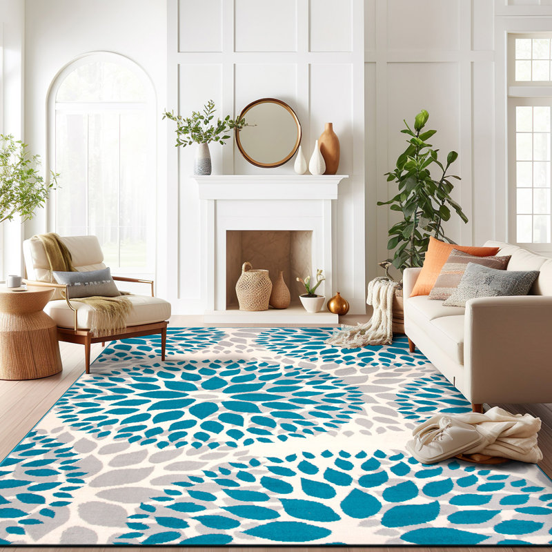 Tapis bleu / ivoire / gris clair à motif floral, Rectangle de 10 pi x 14 pi