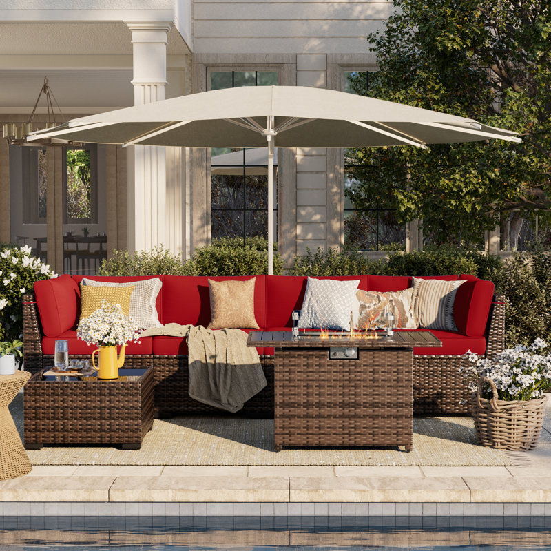 Bhairavi Wicker - Person Modular Patio Conversation Set with Cushions, Burgundy, 4