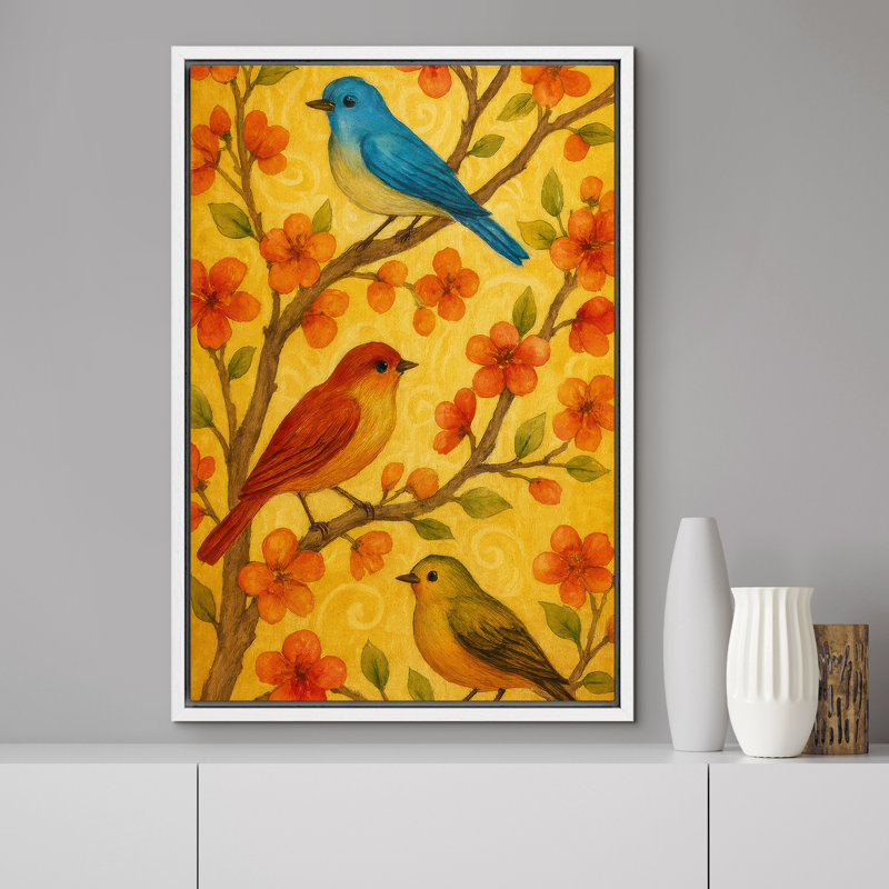 «Colorful Songbirds on Spring Blossoms» sur fond jaune chaleureux - reproduction d'art sur toile encadrée