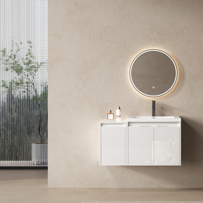 Meuble-lavabo flottant 36 po - lavabo en résine, 2 portes à fermeture douce et 1 armoire d'appoint | Contreplaqué Kd (blanc brillant)