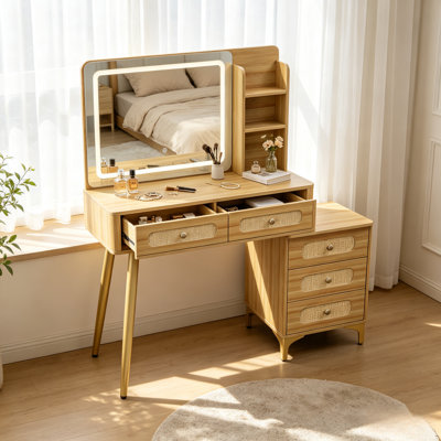Coiffeuse de 47 po avec miroir et lumières, coiffeuse de maquillage avec 5 tiroirs et tablette de rangement, conception de tiroir en rotin, 3 modes de couleur et coiffeuse à luminosité réglable, naturel