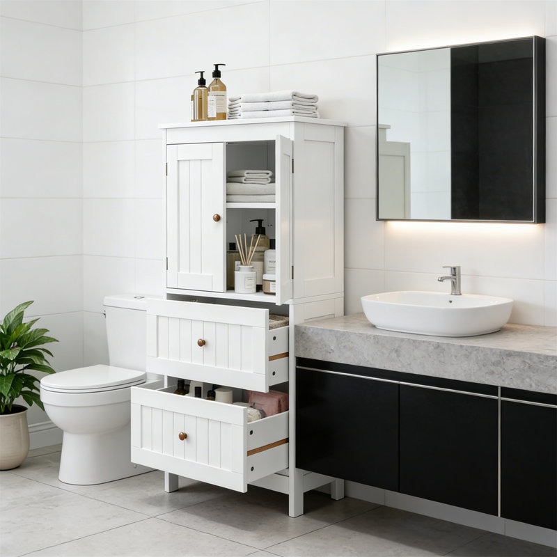 White Narrow Floor Storage Cabinet With 1 Drawer & 2 Doors, Toilet Organizer