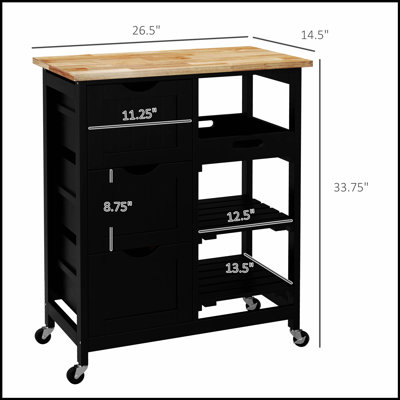Rolling Kitchen Island Cart, Bar Serving Cart, Compact Trolley on Wheels with Wood Top, Shelves & Drawers for Home Dining Area