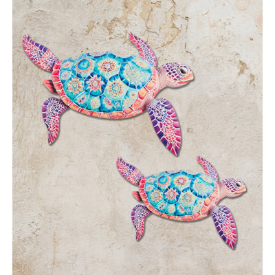 19 Inch Coastal Sea Turtle Metal Indoor Outdoor Wall Decor Set of 2 - Purple