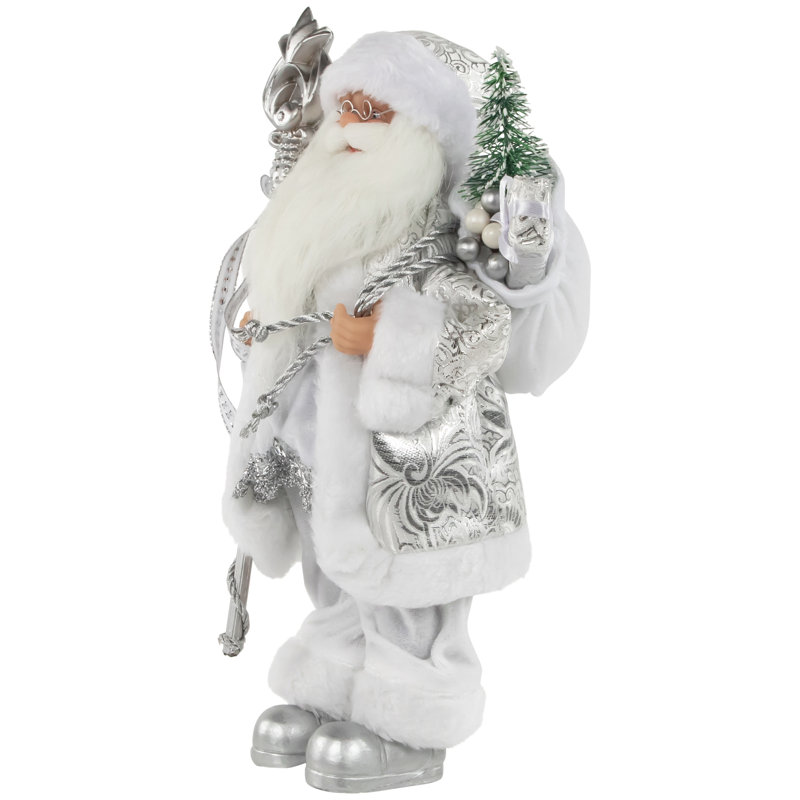 Figurine de Noël 12 "blanche et argentée avec bâton et cadeau