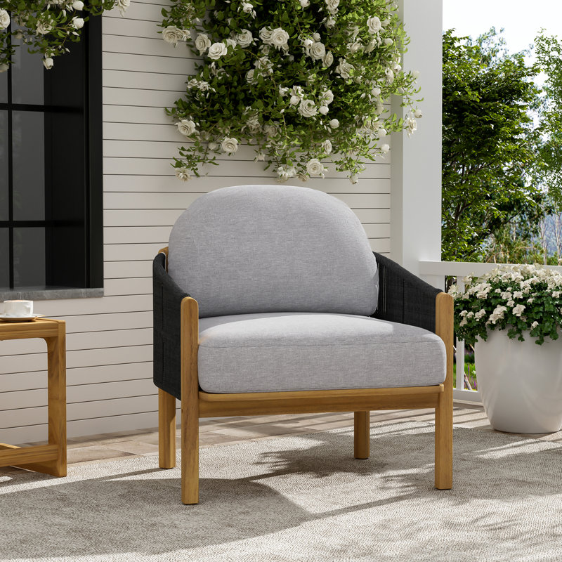 Jae Outdoor Acacia Wood Woven Rope Lounge Chair With Cushions, Gray, Black