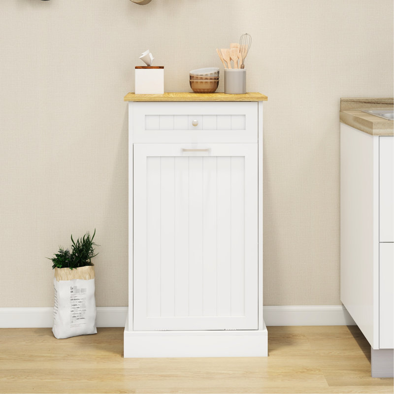 Une armoire à déchets blanche E1 à un tiroir et une armoire de cuisine inclinable, peut contenir du café sur le dessus, cache les canettes, bloque les odeurs, s’intègre bien avec le compartiment de l’îlot de l’îlot, peut être utilisée comme lessive pour garder le sol propre,