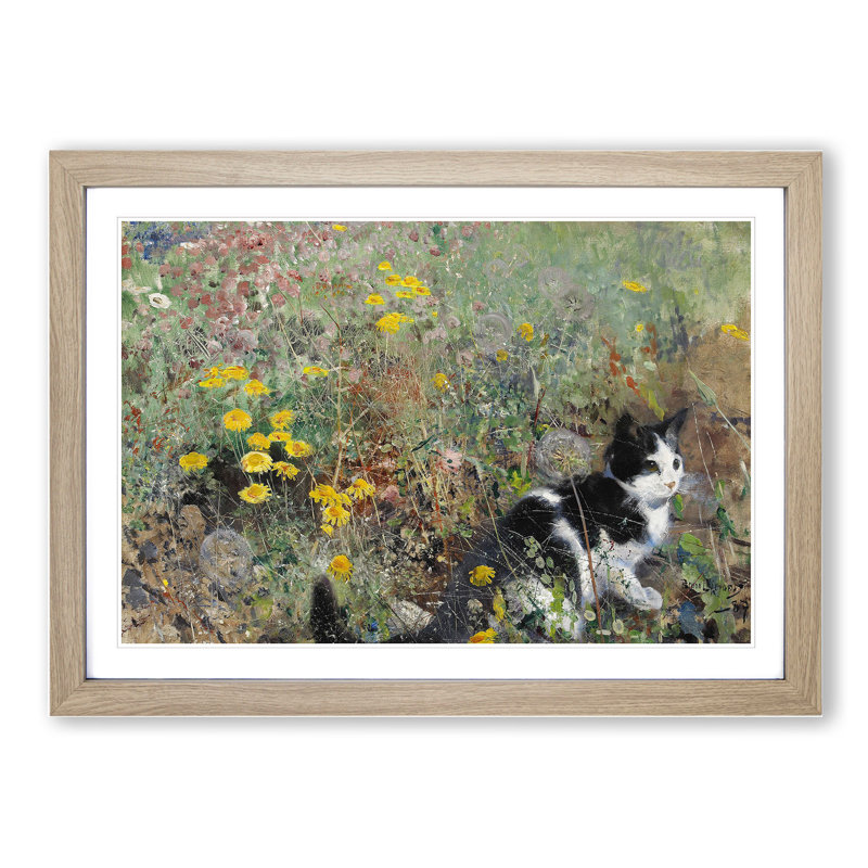 Cat on a Flowerbed by Bruno Liljefors - Picture Frame Painting, 27cm H x 36cm W x 2cm D, Oak Framed