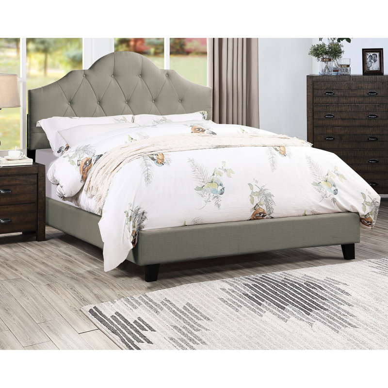 Mobilier de chambre à coucher, lit double, tapissier gris avec tête de lit arquée et artisanat de taille contemporaine,