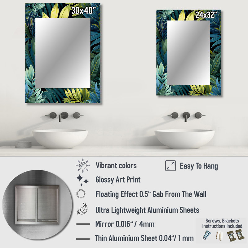 Motif tropical d'azur et vert Angilia - miroir mural décoratif tropical, art tropical imprimé en métal, 32 po x 24 po