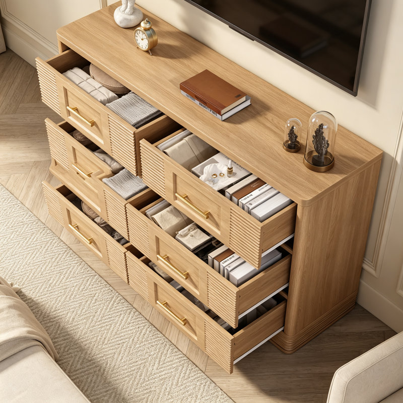 Commode 6 tiroirs pour chambre à coucher, grande commode en bois de chêne