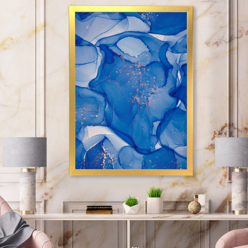 Blue Ink Clouds I - peinture sur toile, H 44 po x l 34 po x P 1,5 po, Encadrement doré