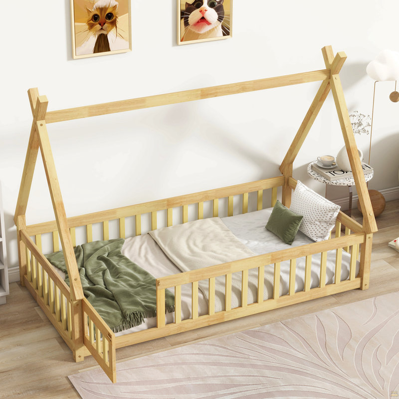 Lit simple en forme de tente, lit tipi avec garde-corps, lattes et porte, Naturel