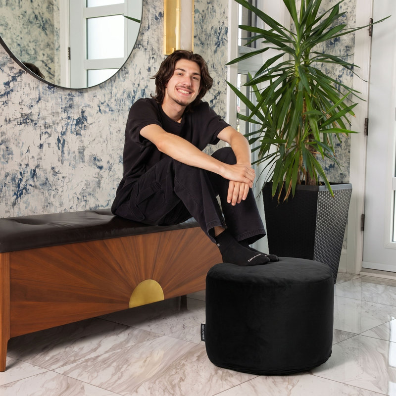 Pouf rond en velours de 20 po Franka, Velours noir