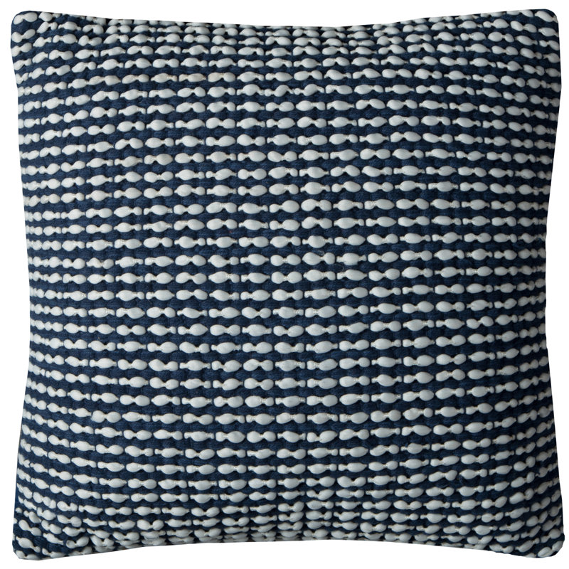 Medium Navy and White Cotton Embroidered Square Throw Pillow