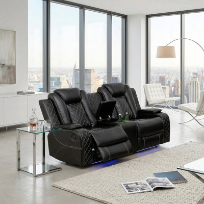 Cove Dark Vegan Leather  Reclining  Loveseat With Cup-Holders And LED Lights