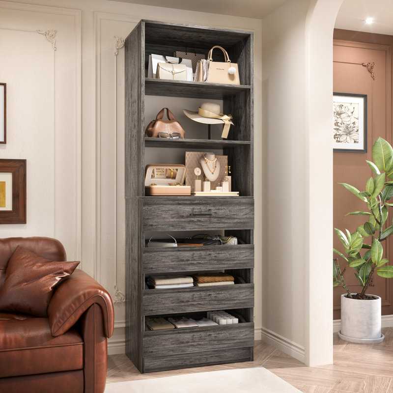 Système d'organisation sur pieds avec armoire à 4 tiroirs Rushville, Chêne gris