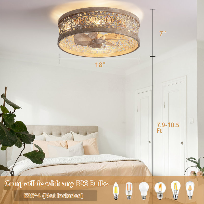 Rustic Cottage Distressed Wood-Look Fandelier with Remote, Small Farmhouse Enclosed Ceiling Fan Light, Low Profile Flush Mount for Entryway, Kids Room, Cozy Spaces