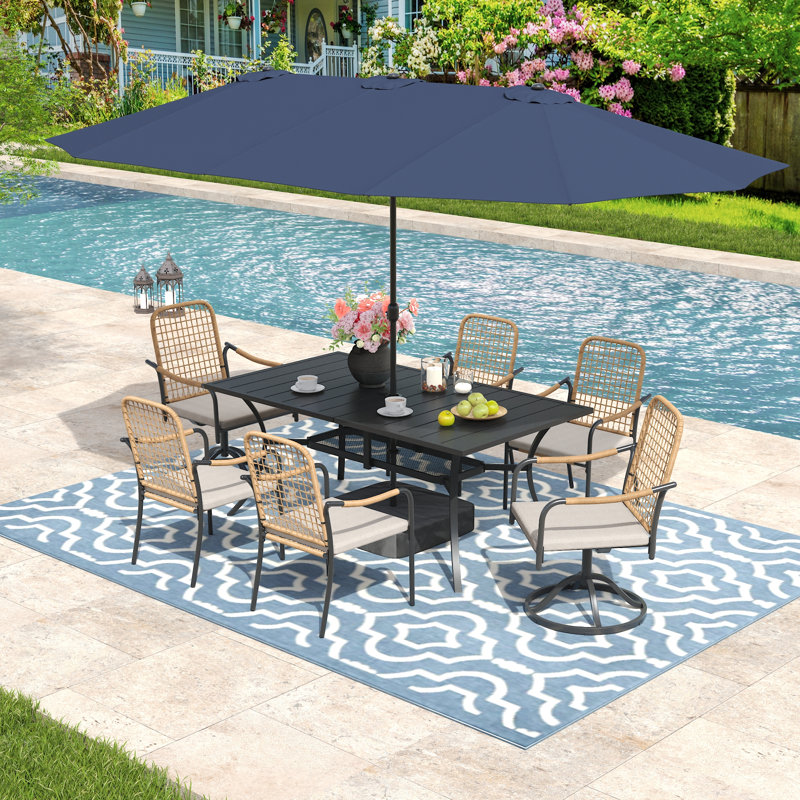 Ensemble repas d'extérieur rectangulaire pour 6 personnes avec parasol et sièges mixtes, Bleu