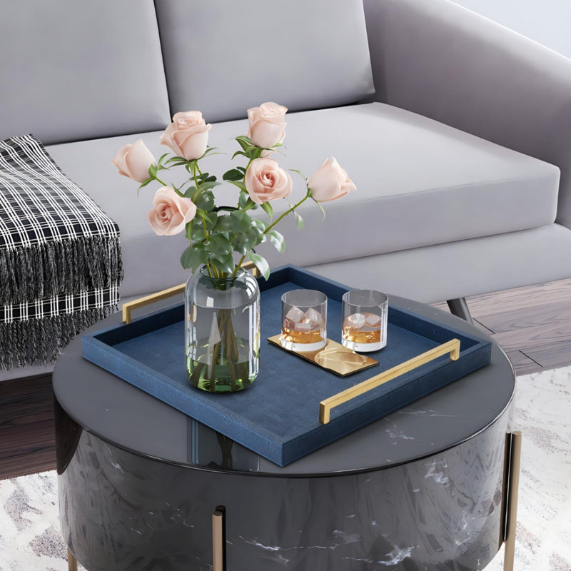 50.8cm Rectangular Blue Leather Breakfast Tray for Coffee Table Decor