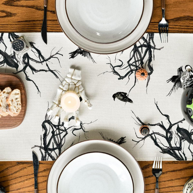 Chemin de table Silhouette Tree Crows, décoration de table de salle à manger Branches Fall, Tapis de couloir 72 po, Beige