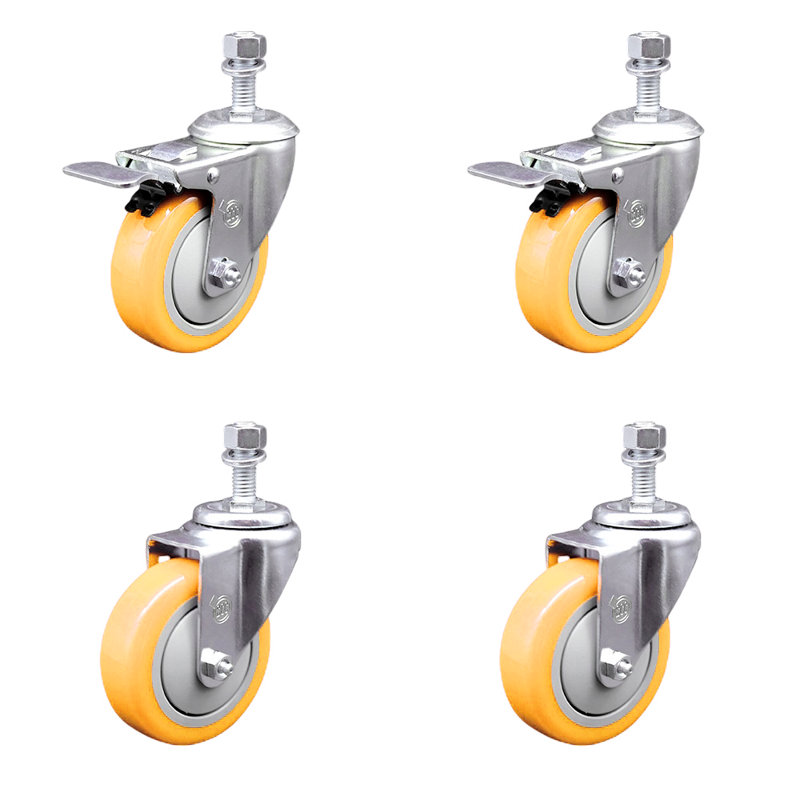 Ensemble de roulettes à tige filetée 4 fils en polyuréthane jaune de 12 mm à 4 freins