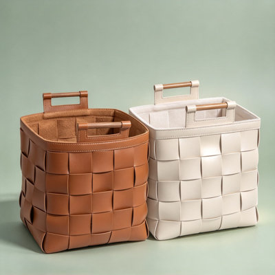 Panier à linge en cuir tissé de style français avec poignées en bois massif, panier de rangement imperméable et résistant aux taches pour l'organisation à la maison