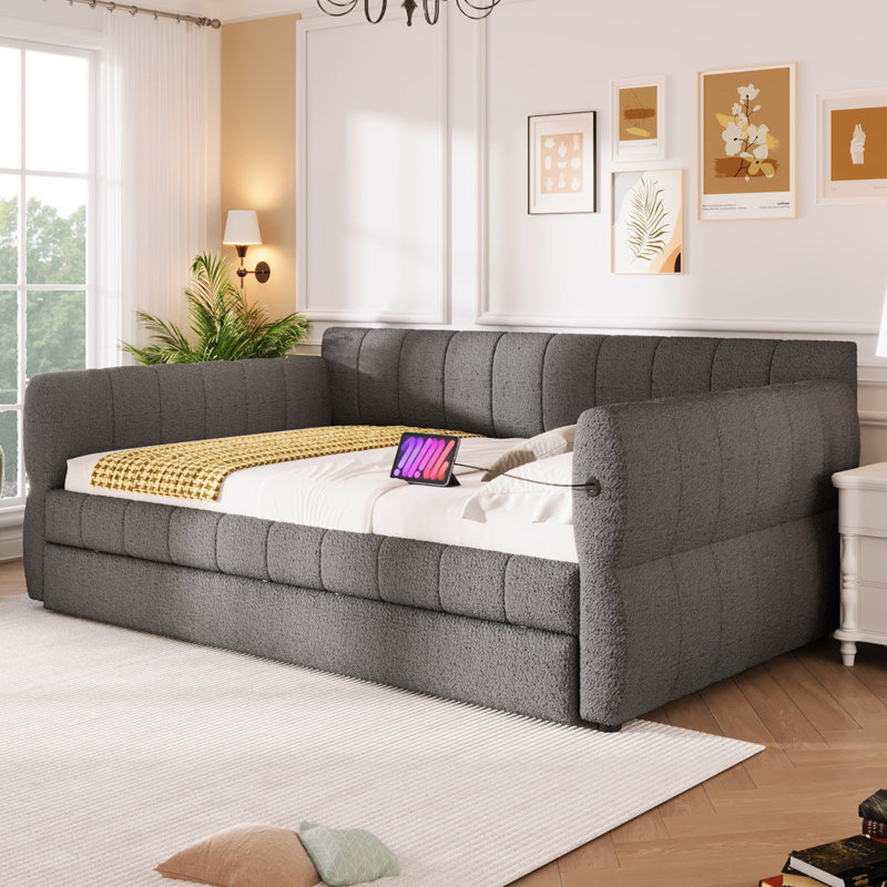 Upholstered Daybed With Usb And Trundle, Grey