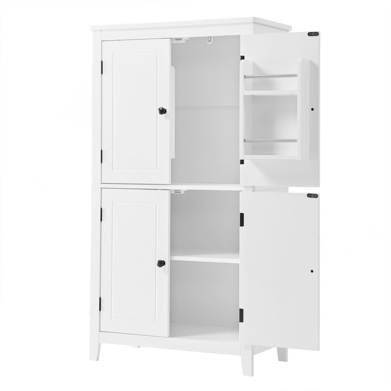White Bathroom Cabinet 4 Doors - Adjustable Shelves, Board, Water Feature Door Shelves Spacious Storage Compartment, White