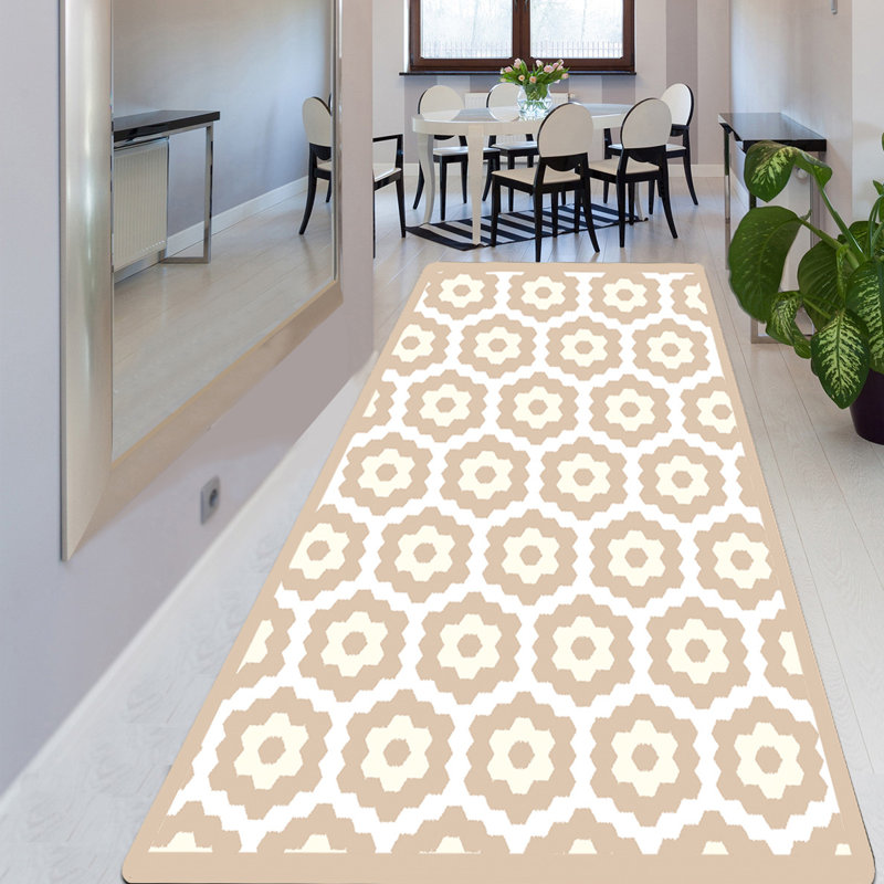 Non-Slip Hall Carpet, 2.6 x 6.6 ft, Beige & White | 100% Polyester, 0.4 in Pile Height | Antibacterial, Machine Washable, Felt Dot Underside | Perfect for Home Entryways, Living Rooms & Corridors